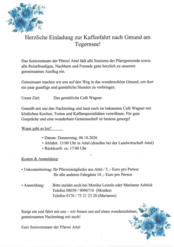 Kaffeefahrt der Pfarrei Attel nach Gmund am Tegernsee