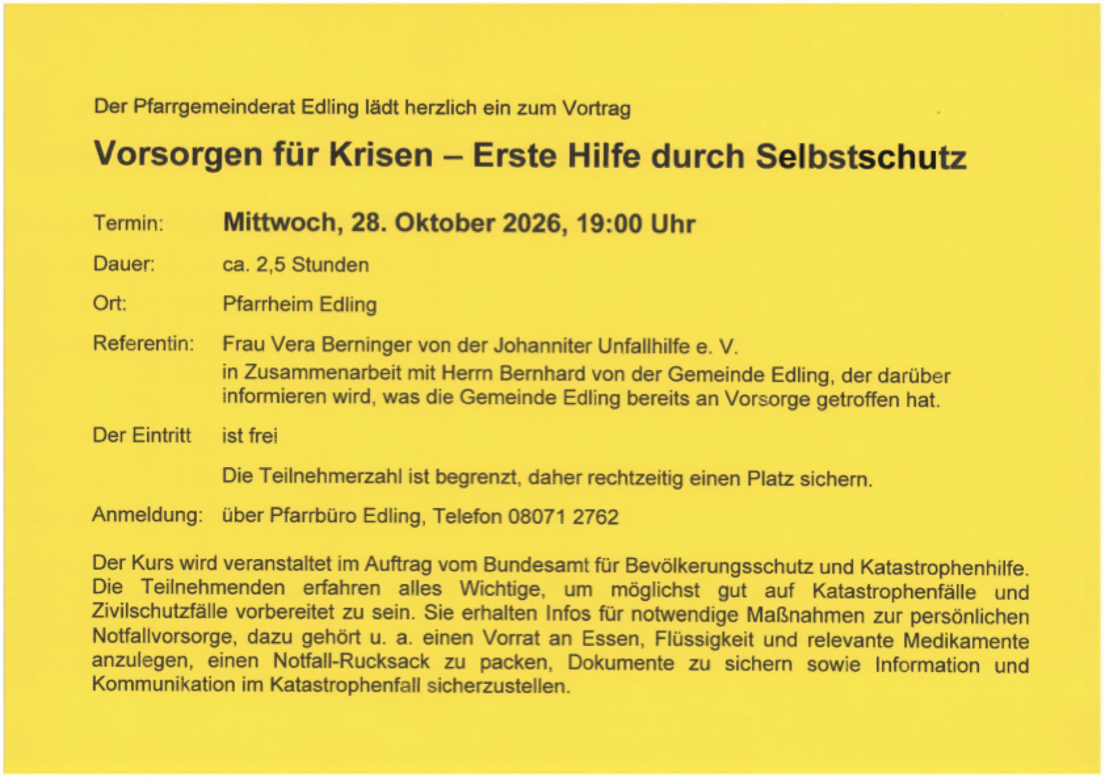 Vortrag: Vorsorgen für Krisen — Erste Hilfe durch Selbstschutz